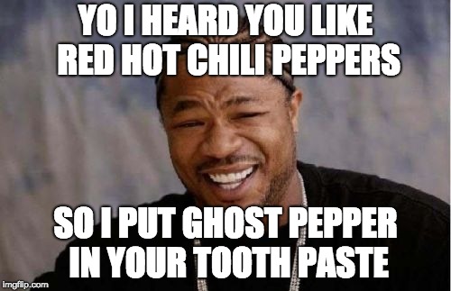 The band is different from the actual food. | YO I HEARD YOU LIKE RED HOT CHILI PEPPERS; SO I PUT GHOST PEPPER IN YOUR TOOTH PASTE | image tagged in memes,yo dawg heard you | made w/ Imgflip meme maker
