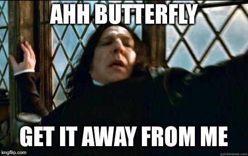 Snape Meme | AHH BUTTERFLY; GET IT AWAY FROM ME | image tagged in memes,snape | made w/ Imgflip meme maker