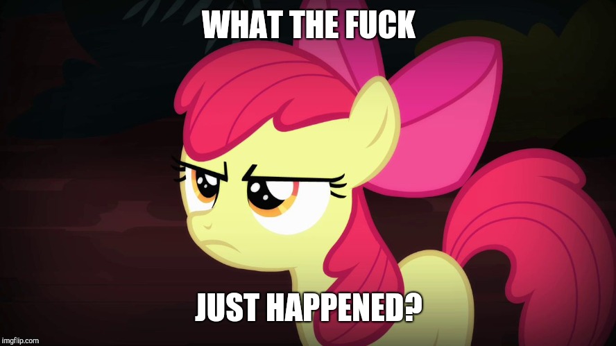 Angry Applebloom | WHAT THE F**K JUST HAPPENED? | image tagged in angry applebloom | made w/ Imgflip meme maker