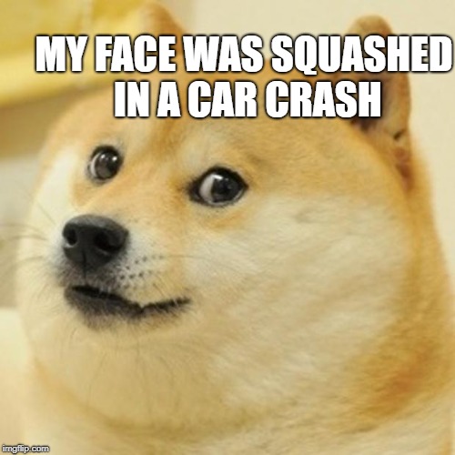 Doge | MY FACE WAS SQUASHED IN A CAR CRASH | image tagged in memes,doge | made w/ Imgflip meme maker