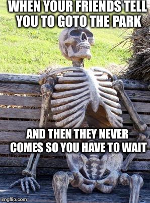 Waiting Skeleton Meme | WHEN YOUR FRIENDS TELL YOU TO GOTO THE PARK; AND THEN THEY NEVER COMES SO YOU HAVE TO WAIT | image tagged in memes,waiting skeleton | made w/ Imgflip meme maker