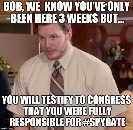 Afraid To Ask Andy Meme | BOB, WE  KNOW YOU'VE ONLY BEEN HERE 3 WEEKS BUT... YOU WILL TESTIFY TO CONGRESS THAT YOU WERE FULLY RESPONSIBLE FOR #SPYGATE | image tagged in memes,afraid to ask andy | made w/ Imgflip meme maker