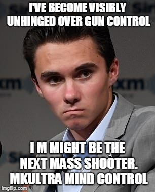 David Hogg Shill | I'VE BECOME VISIBLY UNHINGED OVER GUN CONTROL; I M MIGHT BE THE NEXT MASS SHOOTER. MKULTRA MIND CONTROL | image tagged in david hogg shill | made w/ Imgflip meme maker