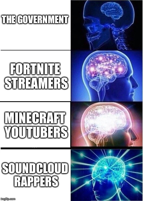 Expanding Brain Meme | THE GOVERNMENT; FORTNITE STREAMERS; MINECRAFT YOUTUBERS; SOUNDCLOUD RAPPERS | image tagged in memes,expanding brain | made w/ Imgflip meme maker