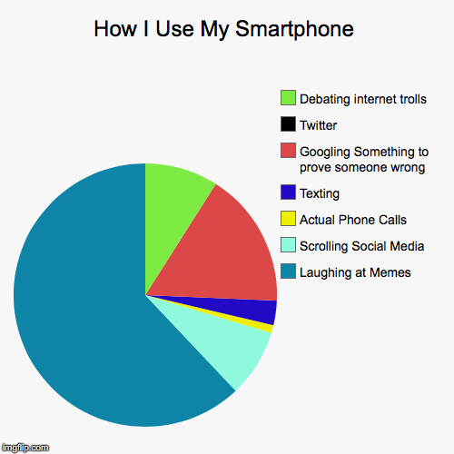 How I Use My Smartphone | Laughing at Memes, Scrolling Social Media, Actual Phone Calls, Texting, Googling Something to prove someone wrong, | image tagged in funny,pie charts | made w/ Imgflip chart maker