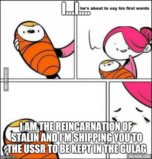 He is About to Say His First Words | I...I.... I AM THE REINCARNATION OF STALIN AND I'M SHIPPING YOU TO THE USSR TO BE KEPT IN THE GULAG | image tagged in he is about to say his first words | made w/ Imgflip meme maker