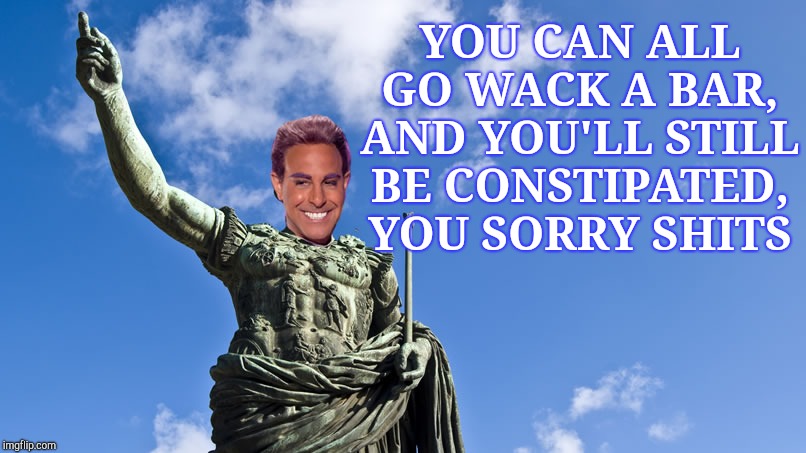 Hunger Games - Caesar Flickerman (S Tucci) Statue of Caesar | YOU CAN ALL GO WACK A BAR, AND YOU'LL STILL BE CONSTIPATED, YOU SORRY SHITS | image tagged in hunger games - caesar flickerman s tucci statue of caesar | made w/ Imgflip meme maker