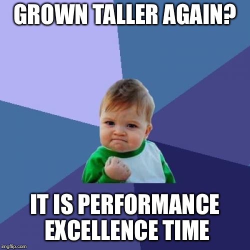 Success Kid Meme | GROWN TALLER AGAIN? IT IS PERFORMANCE EXCELLENCE TIME | image tagged in memes,success kid | made w/ Imgflip meme maker
