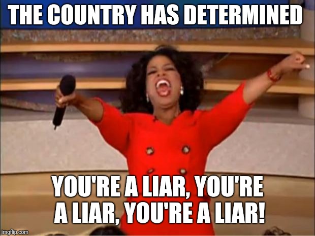 Oprah You Get A | THE COUNTRY HAS DETERMINED; YOU'RE A LIAR, YOU'RE A LIAR, YOU'RE A LIAR! | image tagged in memes,oprah you get a | made w/ Imgflip meme maker