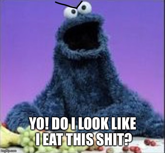 Cookie Monster WTF | YO! DO I LOOK LIKE I EAT THIS SHIT? | image tagged in cookie monster wtf | made w/ Imgflip meme maker