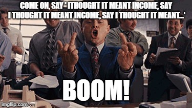 income | COME ON, SAY ' ITHOUGHT IT MEANT INCOME, SAY I THOUGHT IT MEANT INCOME, SAY I THOUGHT IT MEANT...'; BOOM! | image tagged in wolf | made w/ Imgflip meme maker