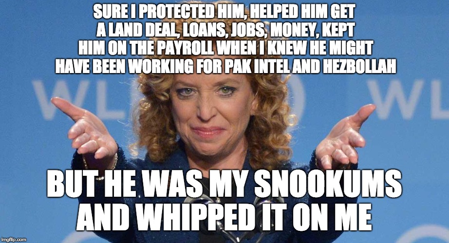 Evil Debbie Wasserman Schultz | SURE I PROTECTED HIM, HELPED HIM GET A LAND DEAL, LOANS, JOBS, MONEY, KEPT HIM ON THE PAYROLL WHEN I KNEW HE MIGHT HAVE BEEN WORKING FOR PAK INTEL AND HEZBOLLAH; BUT HE WAS MY SNOOKUMS AND WHIPPED IT ON ME | image tagged in evil debbie wasserman schultz | made w/ Imgflip meme maker