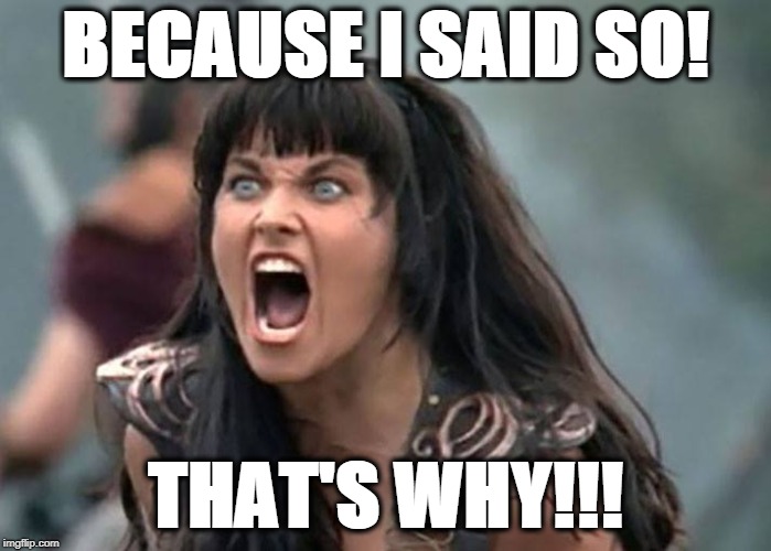 Because I Said So! | BECAUSE I SAID SO! THAT'S WHY!!! | image tagged in xena,because i said so,angry,mom | made w/ Imgflip meme maker