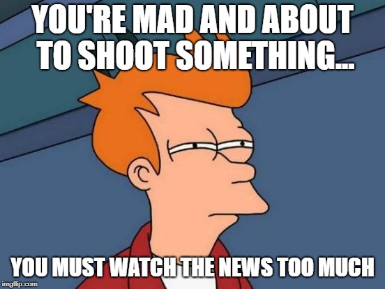 Futurama Fry Meme | YOU'RE MAD AND ABOUT TO SHOOT SOMETHING... YOU MUST WATCH THE NEWS TOO MUCH | image tagged in memes,futurama fry | made w/ Imgflip meme maker