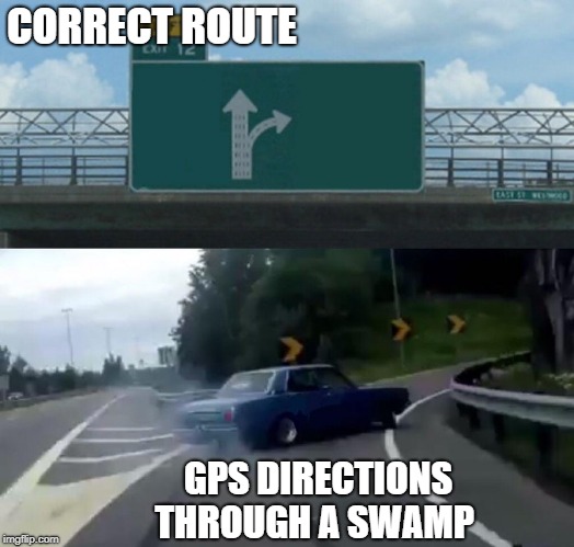 Left Exit 12 Off Ramp Meme | CORRECT ROUTE; GPS DIRECTIONS THROUGH A SWAMP | image tagged in memes,left exit 12 off ramp | made w/ Imgflip meme maker