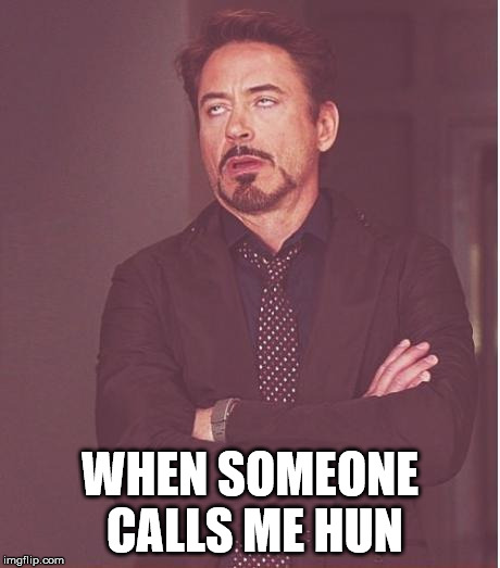 Face You Make Robert Downey Jr Meme | WHEN SOMEONE CALLS ME HUN | image tagged in memes,face you make robert downey jr | made w/ Imgflip meme maker