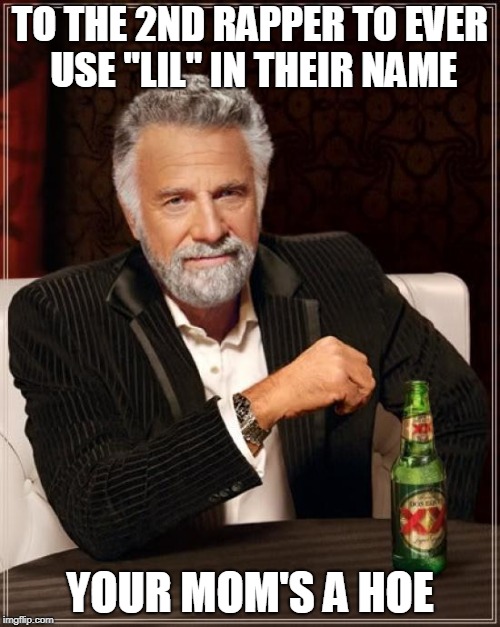 The Most Interesting Man In The World | TO THE 2ND RAPPER TO EVER USE "LIL" IN THEIR NAME; YOUR MOM'S A HOE | image tagged in memes,the most interesting man in the world | made w/ Imgflip meme maker