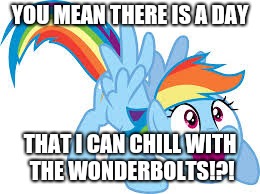 Excited Rainbow Dash | YOU MEAN THERE IS A DAY; THAT I CAN CHILL WITH THE WONDERBOLTS!?! | image tagged in memes,my little pony,rainbow dash,wonderbolts | made w/ Imgflip meme maker