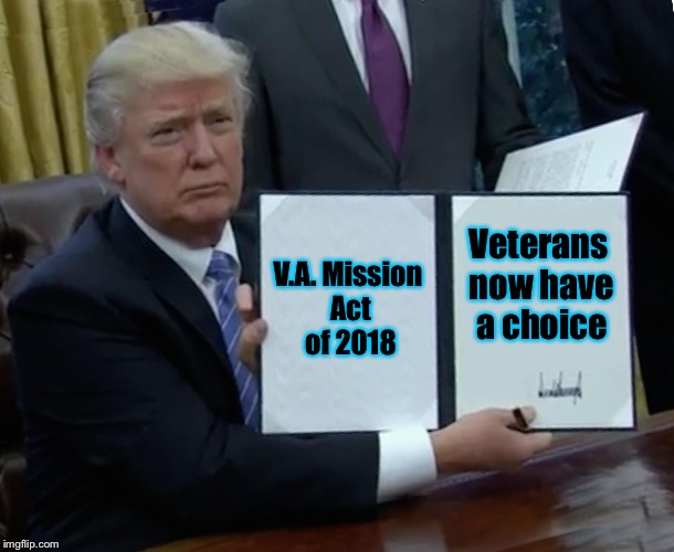 V.A. Mission Act of 2018 | V.A. Mission Act of 2018; Veterans now have a choice | image tagged in memes,trump bill signing,veterans,military,choices,healthcare | made w/ Imgflip meme maker
