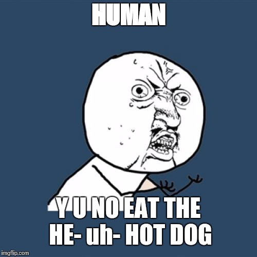 Y U No Meme | HUMAN; Y U NO EAT THE HE- uh- HOT DOG | image tagged in memes,y u no | made w/ Imgflip meme maker