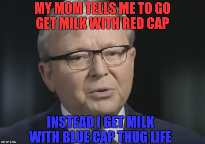 Kevin Rudd you're a good person | MY MOM TELLS ME TO GO GET MILK WITH RED CAP; INSTEAD I GET MILK WITH BLUE CAP THUG LIFE | image tagged in kevin rudd you're a good person | made w/ Imgflip meme maker