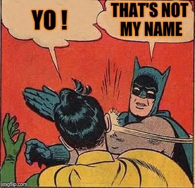 While we await his next syllable with great anticipation | YO ! THAT'S NOT MY NAME | image tagged in memes,batman slapping robin,dumb,home,boy,rude | made w/ Imgflip meme maker