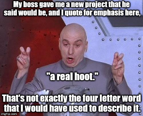 But at least I'm paid to do it. | My boss gave me a new project that he said would be, and I quote for emphasis here, "a real hoot."; That's not exactly the four letter word that I would have used to describe it. | image tagged in memes,dr evil laser | made w/ Imgflip meme maker