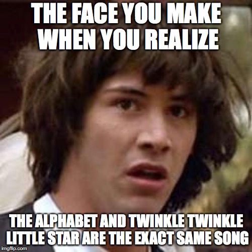 Conspiracy Keanu Meme | THE FACE YOU MAKE WHEN YOU REALIZE; THE ALPHABET AND TWINKLE TWINKLE LITTLE STAR ARE THE EXACT SAME SONG | image tagged in memes,conspiracy keanu | made w/ Imgflip meme maker