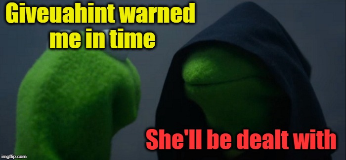 Evil Kermit Meme | Giveuahint warned me in time She'll be dealt with | image tagged in memes,evil kermit | made w/ Imgflip meme maker