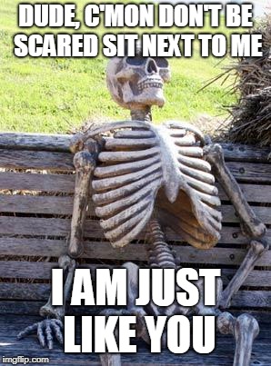 Waiting Skeleton Meme | DUDE, C'MON DON'T BE SCARED SIT NEXT TO ME; I AM JUST LIKE YOU | image tagged in memes,waiting skeleton | made w/ Imgflip meme maker