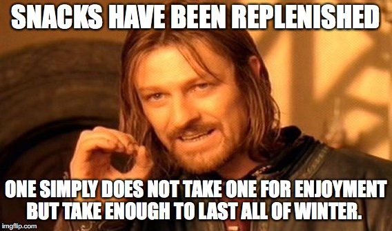 One Does Not Simply Meme | SNACKS HAVE BEEN REPLENISHED; ONE SIMPLY DOES NOT TAKE ONE FOR ENJOYMENT BUT TAKE ENOUGH TO LAST ALL OF WINTER. | image tagged in memes,one does not simply | made w/ Imgflip meme maker