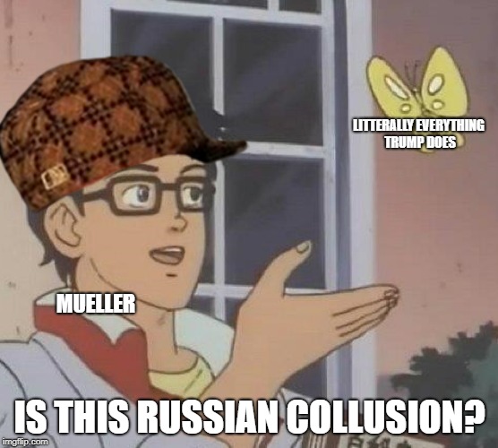 Is This A Pigeon | LITTERALLY EVERYTHING TRUMP DOES; MUELLER; IS THIS RUSSIAN COLLUSION? | image tagged in is this a pigeon,scumbag | made w/ Imgflip meme maker
