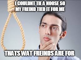 I COULDNT TIE A NOOSE SO MY FREIND TIED IT FOR ME; THATS WAT FREINDS ARE FOR | image tagged in noose,funny | made w/ Imgflip meme maker