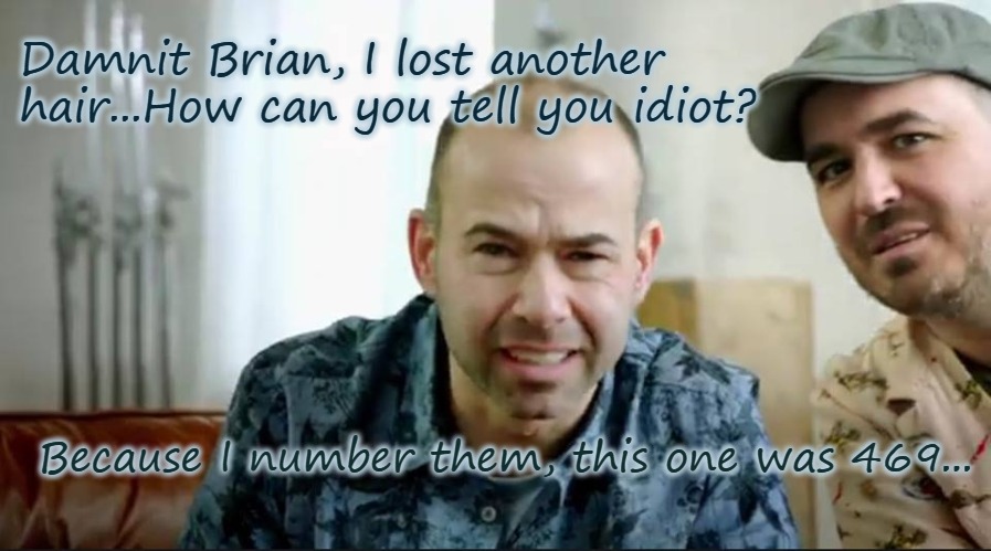 Murr and Brian talk | Damnit Brian, I lost another hair...How can you tell you idiot? Because I number them, this one was 469... | image tagged in impracticaljokers | made w/ Imgflip meme maker