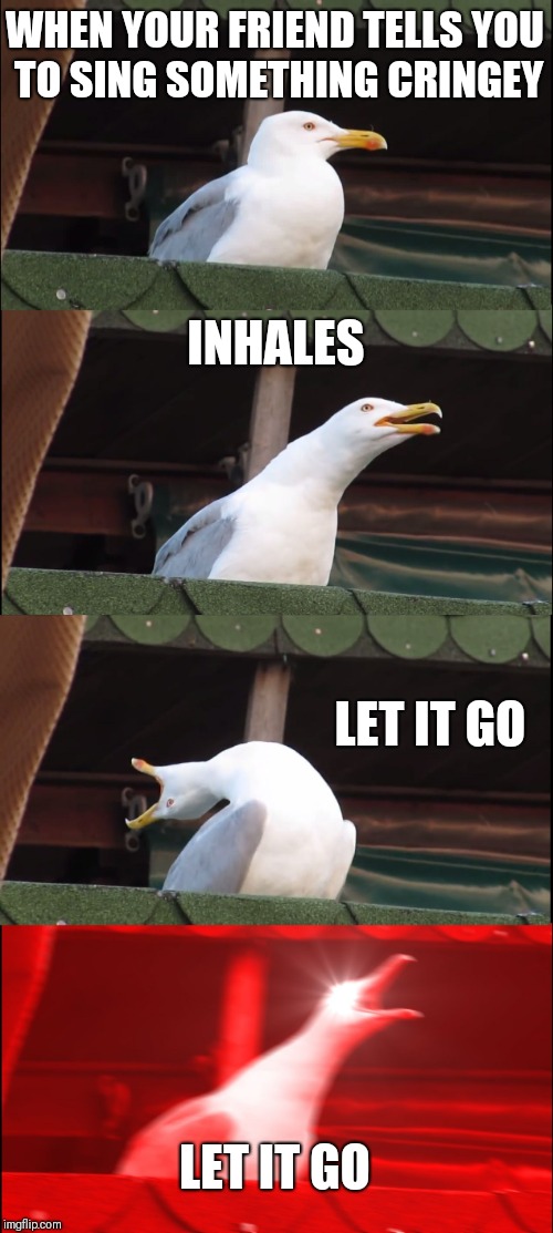 Inhaling Seagull Meme | WHEN YOUR FRIEND TELLS YOU TO SING SOMETHING CRINGEY; INHALES; LET IT GO; LET IT GO | image tagged in memes,inhaling seagull | made w/ Imgflip meme maker