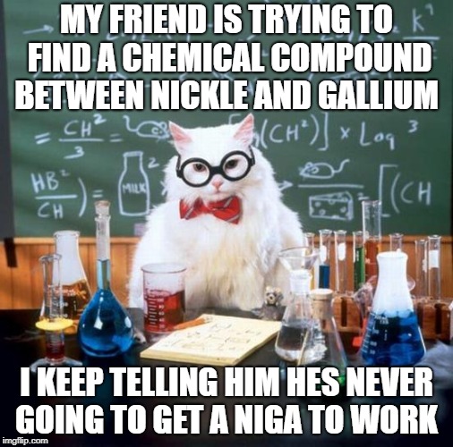 Chemistry Cat | MY FRIEND IS TRYING TO FIND A CHEMICAL COMPOUND BETWEEN NICKLE AND GALLIUM; I KEEP TELLING HIM HES NEVER GOING TO GET A NIGA TO WORK | image tagged in memes,chemistry cat | made w/ Imgflip meme maker