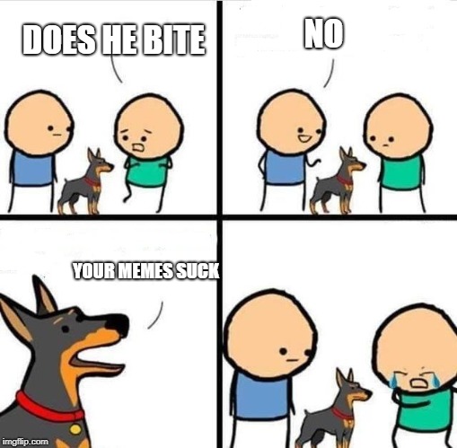 Dog Hurt Comic | NO; DOES HE BITE; YOUR MEMES SUCK | image tagged in dog hurt comic | made w/ Imgflip meme maker