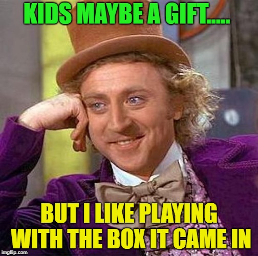 I know, I know, sorry | KIDS MAYBE A GIFT..... BUT I LIKE PLAYING WITH THE BOX IT CAME IN | image tagged in memes,creepy condescending wonka | made w/ Imgflip meme maker