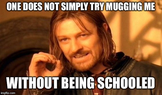 One Does Not Simply Meme | ONE DOES NOT SIMPLY TRY MUGGING ME; WITHOUT BEING SCHOOLED | image tagged in memes,one does not simply | made w/ Imgflip meme maker