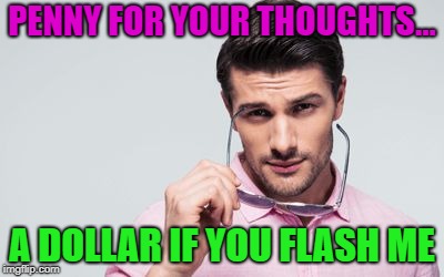 My 2 cents... | PENNY FOR YOUR THOUGHTS... A DOLLAR IF YOU FLASH ME | image tagged in memes,funny,penny,dollar,just kidding | made w/ Imgflip meme maker
