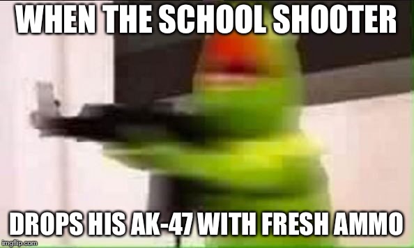 Kermit ak | WHEN THE SCHOOL SHOOTER; DROPS HIS AK-47 WITH FRESH AMMO | image tagged in kermit ak | made w/ Imgflip meme maker
