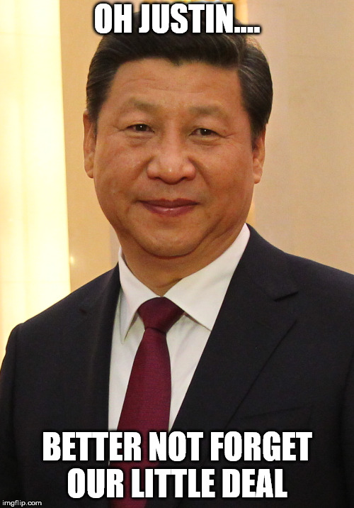 Xi Jinping | OH JUSTIN.... BETTER NOT FORGET OUR LITTLE DEAL | image tagged in xi jinping | made w/ Imgflip meme maker