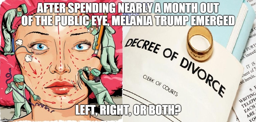 AFTER SPENDING NEARLY A MONTH OUT OF THE PUBLIC EYE, MELANIA TRUMP EMERGED; LEFT, RIGHT, OR BOTH? | made w/ Imgflip meme maker