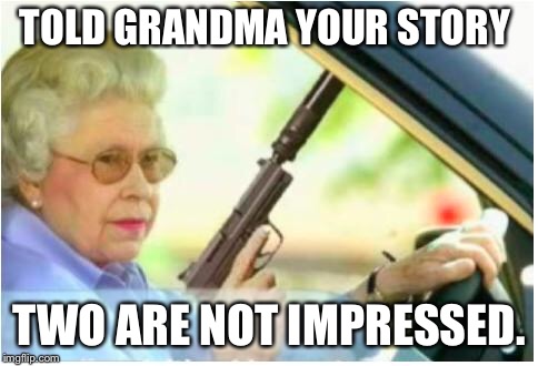 grandma gun weeb killer | TOLD GRANDMA YOUR STORY; TWO ARE NOT IMPRESSED. | image tagged in grandma gun weeb killer | made w/ Imgflip meme maker