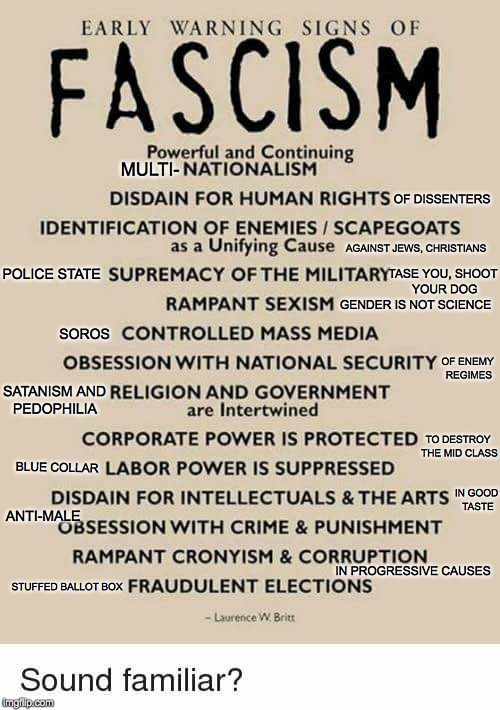A Handy Guide To Modern Fascism | MULTI-; OF DISSENTERS; AGAINST JEWS, CHRISTIANS; POLICE STATE; TASE YOU, SHOOT YOUR DOG; GENDER IS NOT SCIENCE; SOROS; OF ENEMY REGIMES; SATANISM AND PEDOPHILIA; TO DESTROY THE MID CLASS; BLUE COLLAR; IN GOOD TASTE; ANTI-MALE; IN PROGRESSIVE CAUSES; STUFFED BALLOT BOX | image tagged in fascism,progressives | made w/ Imgflip meme maker
