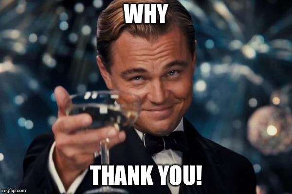 Leonardo Dicaprio Cheers Meme | WHY THANK YOU! | image tagged in memes,leonardo dicaprio cheers | made w/ Imgflip meme maker