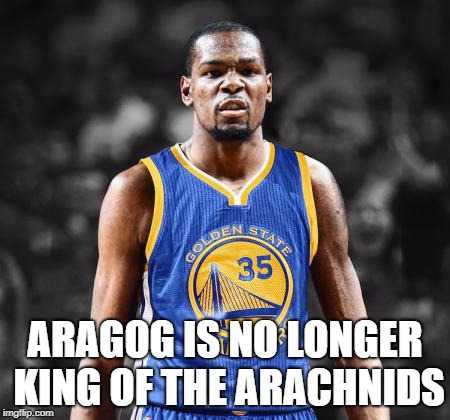 Kevin Durant warriors | ARAGOG IS NO LONGER KING OF THE ARACHNIDS | image tagged in kevin durant warriors | made w/ Imgflip meme maker