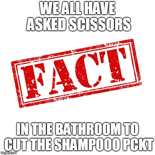 Fact | WE ALL HAVE ASKED SCISSORS; IN THE BATHROOM TO CUT THE SHAMPOOO PCKT | image tagged in fact | made w/ Imgflip meme maker