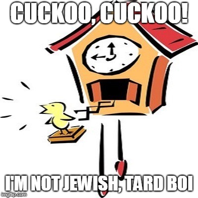 Cuckoo | CUCKOO, CUCKOO! I'M NOT JEWISH, TARD BOI | image tagged in cuckoo | made w/ Imgflip meme maker