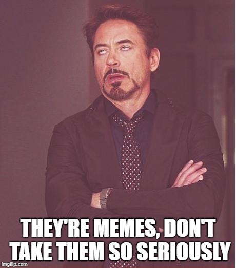 Face You Make Robert Downey Jr Meme | THEY'RE MEMES, DON'T TAKE THEM SO SERIOUSLY | image tagged in memes,face you make robert downey jr | made w/ Imgflip meme maker